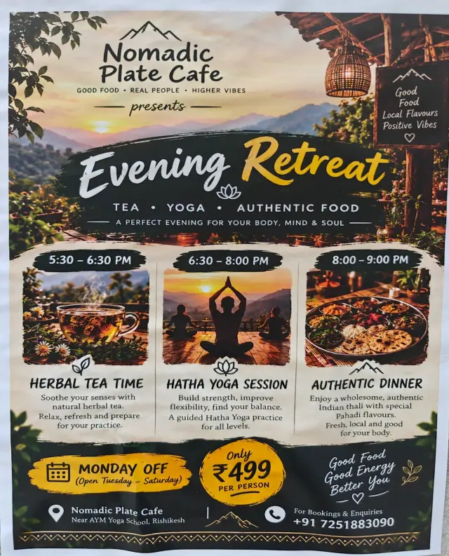Flyer: Evening Retreat at Nomadic Plate Cafe